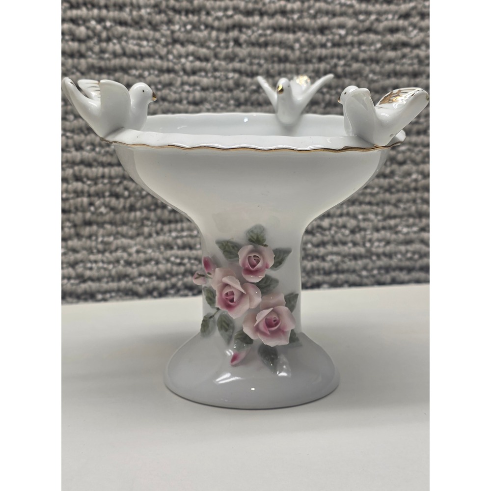 Lefton China 6077N Porcelain Bird‎ Bath Pedestal Bowl Doves Pink Roses Gold Trim